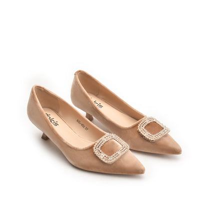 Beige Kitten Heels with Embellished Buckle | 496N-F