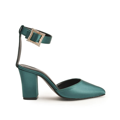 Emerald Satin Block Heels with Buckle Strap | 460N-K Dolcis