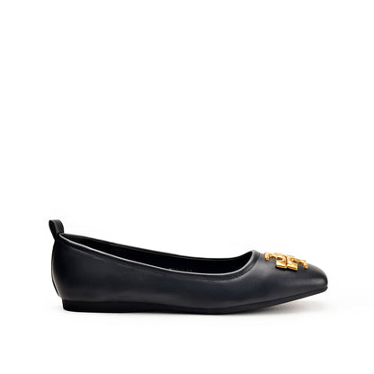 Tory Burch Black Flat Pumps with Gold Logo | 494N-C