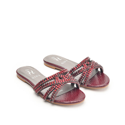 Maroon Embellished Flat Sandals for Women Slippers | 582L-M