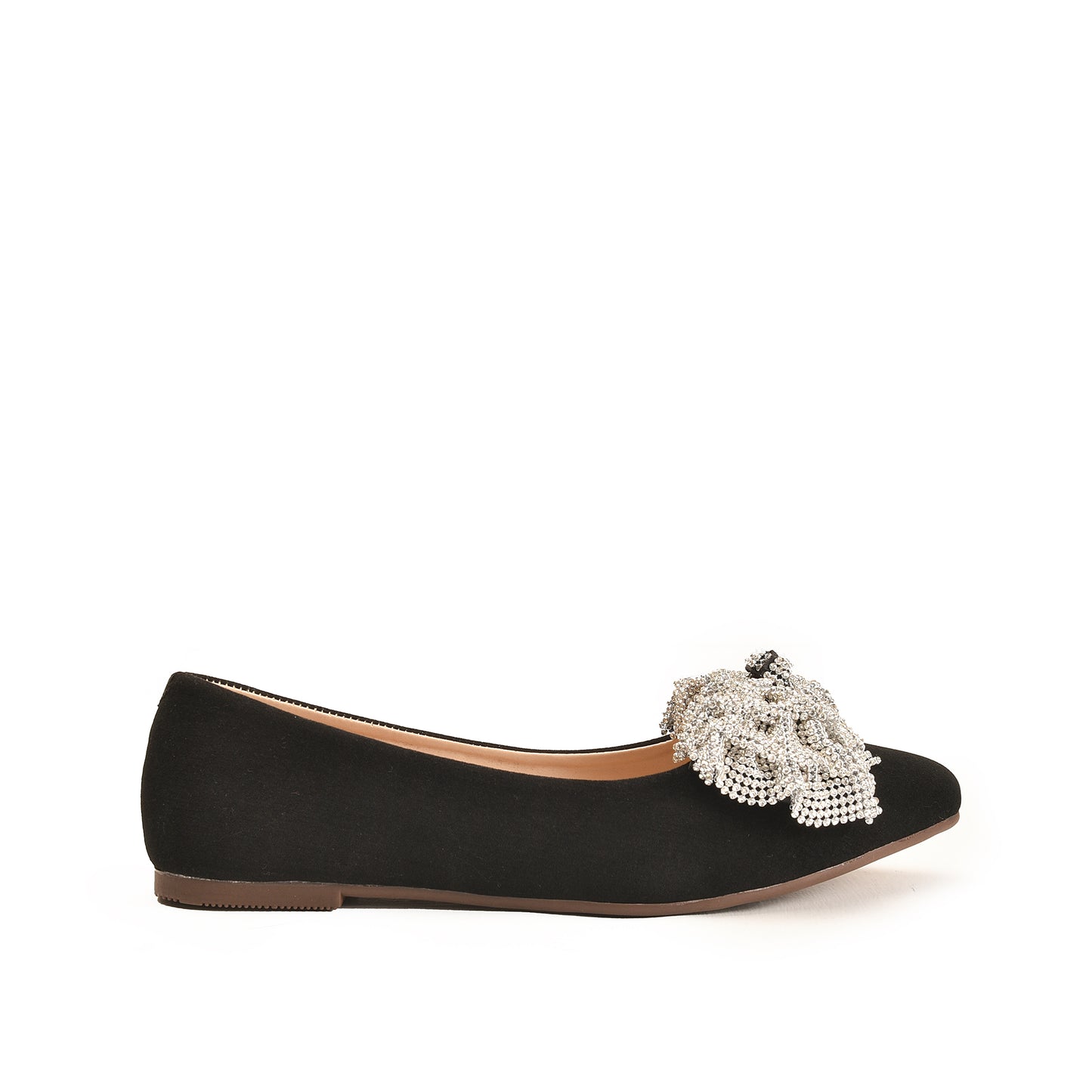 A black pump with a pearl-like embellishment on the toe and a flat sole.