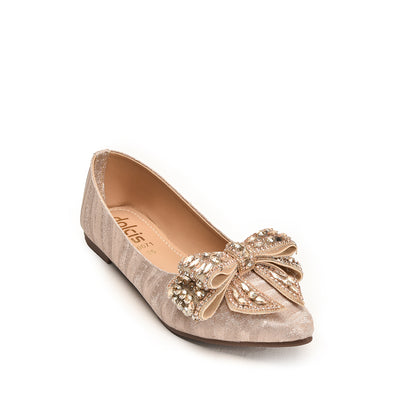 Golden Embellished Bow Flats for Women | 466N-X