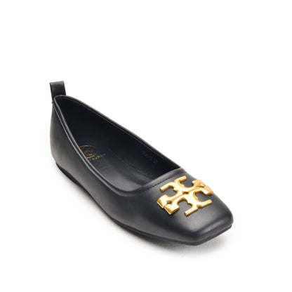 Tory Burch Black Flat Pumps with Gold Logo | 494N-C