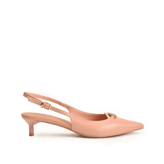 A pink court shoe with a flat sole and pencil heel, featuring strap embellishments.