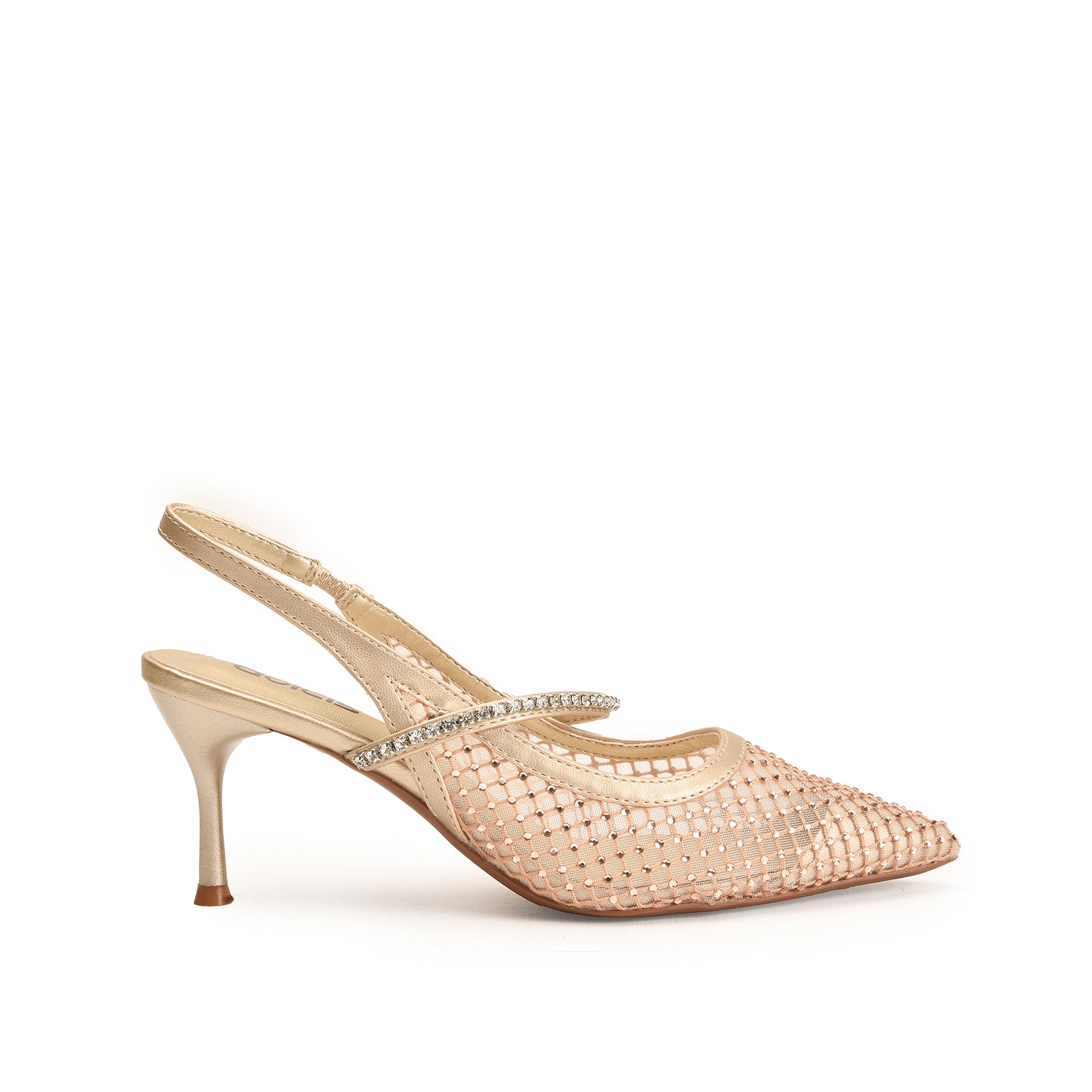 A pair of beige, court-shoe style sandals with a pearl embellishment on the vamp.