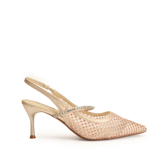 A pair of beige, court-shoe style sandals with a pearl embellishment on the vamp.