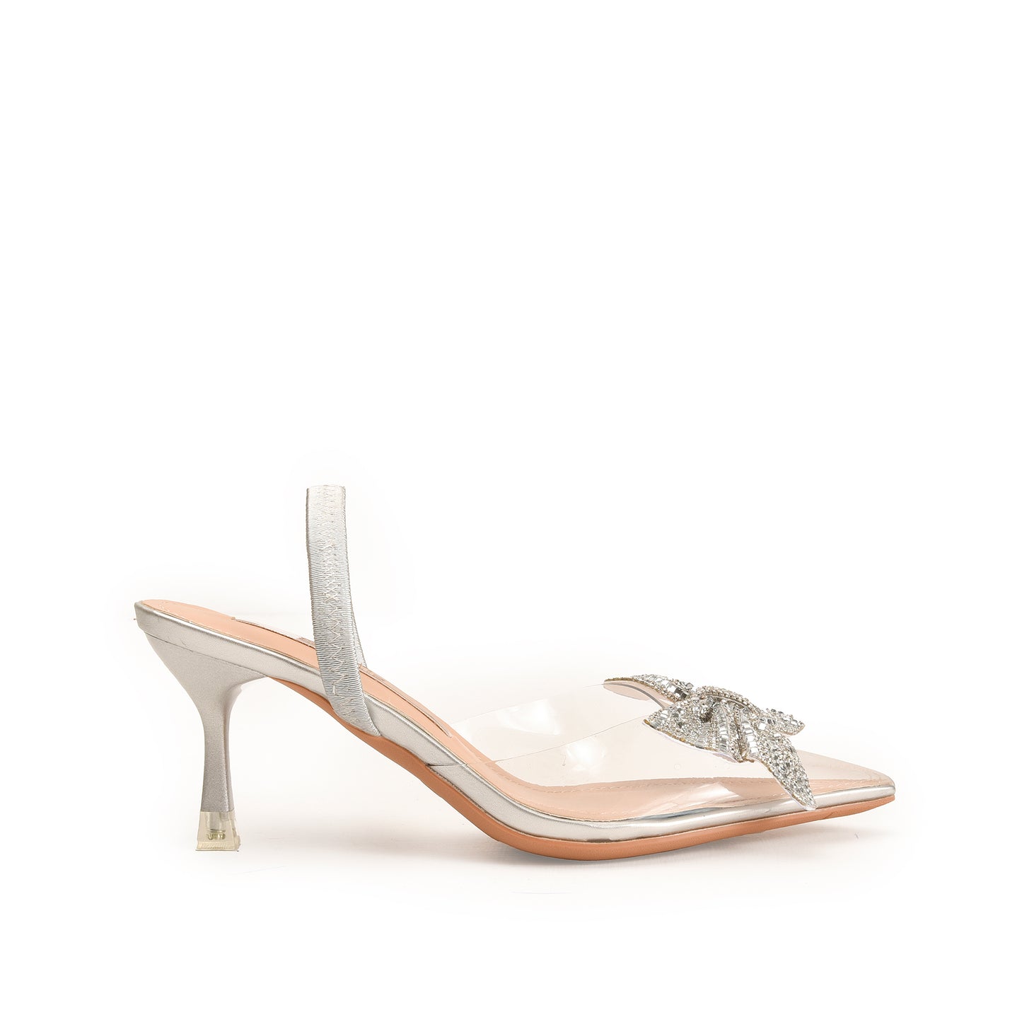 A silver-colored, strappy sandal with a pink sole and a decorative element on the toe.