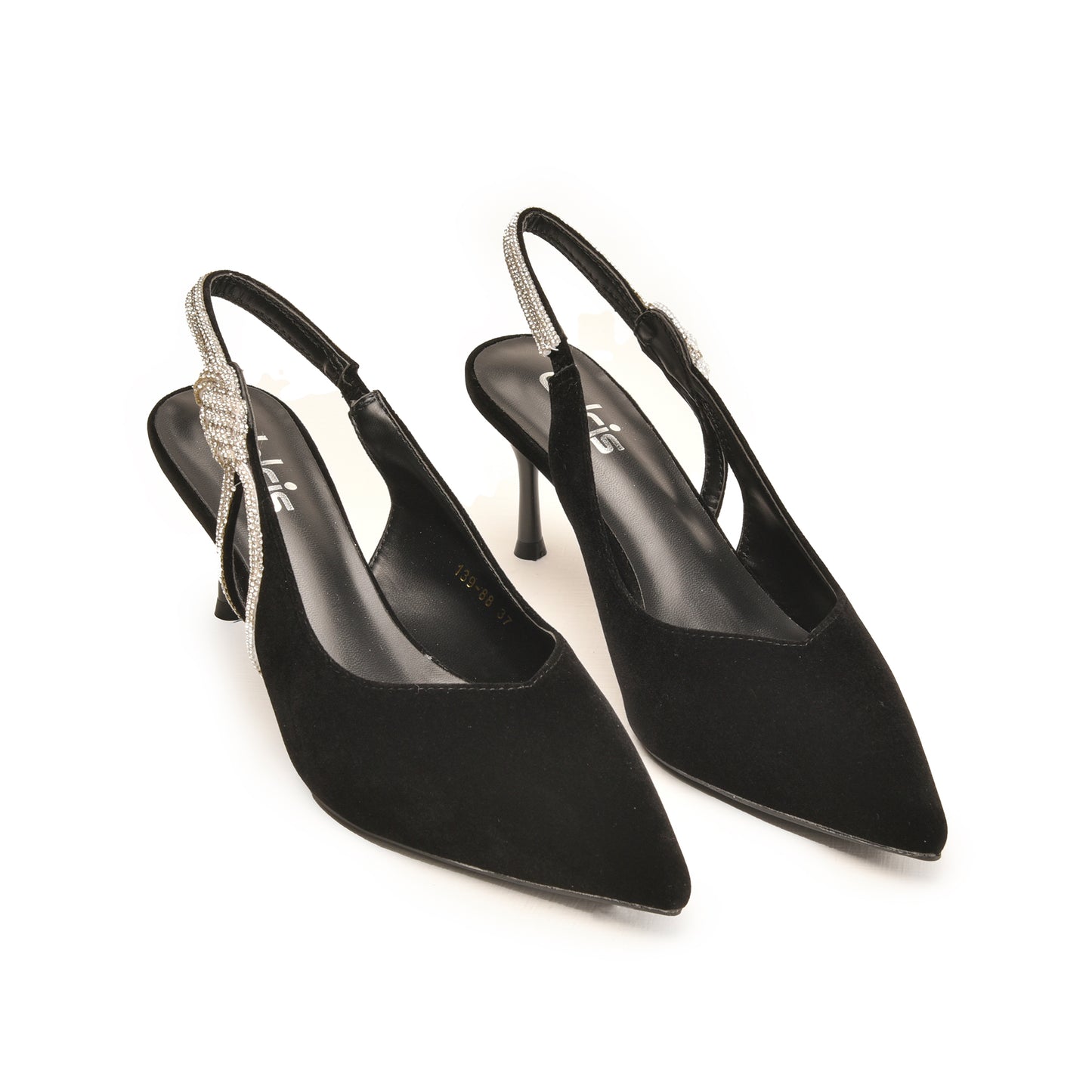 Black Glitter Court Heels with Bow Detail | 477N-C