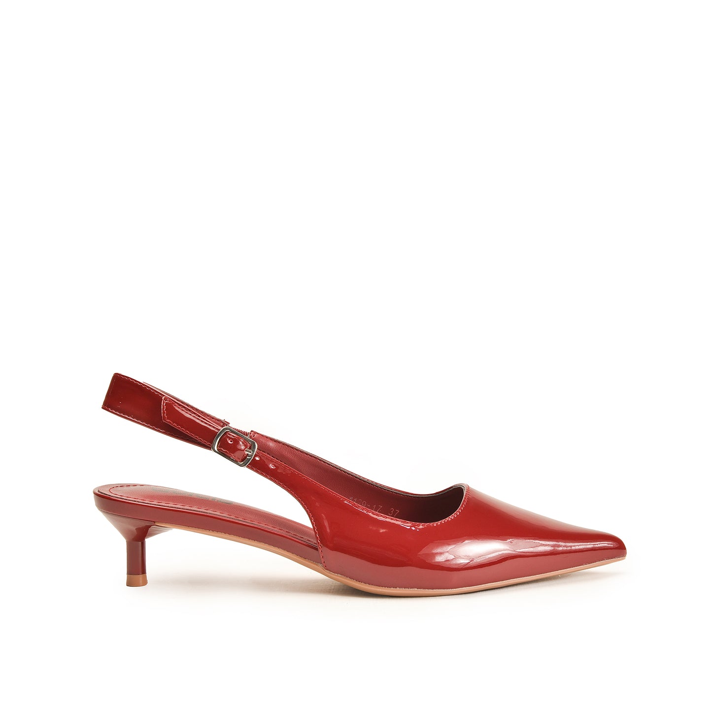 A red, pointed-toe pencil heel shoe with a visible brand emblem on the vamp.