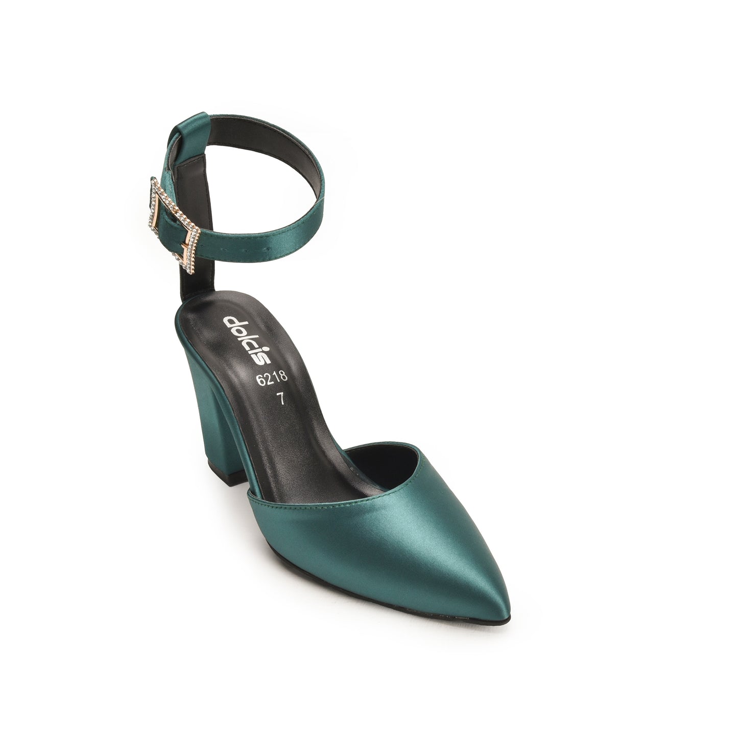 Emerald Satin Block Heels with Buckle Strap | 460N-K Dolcis