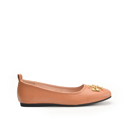 Tory Burch Brown Flat Pumps with Gold Logo | 494N-F