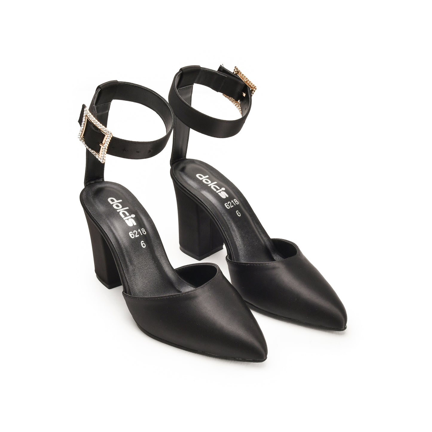 Classic Black Satin Block Heels with Buckle Strap | 460N-C Dolcis