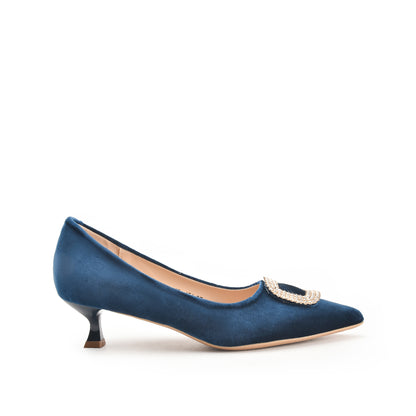 Navy Blue Kitten Heels with Embellished Buckle | 496N-Q