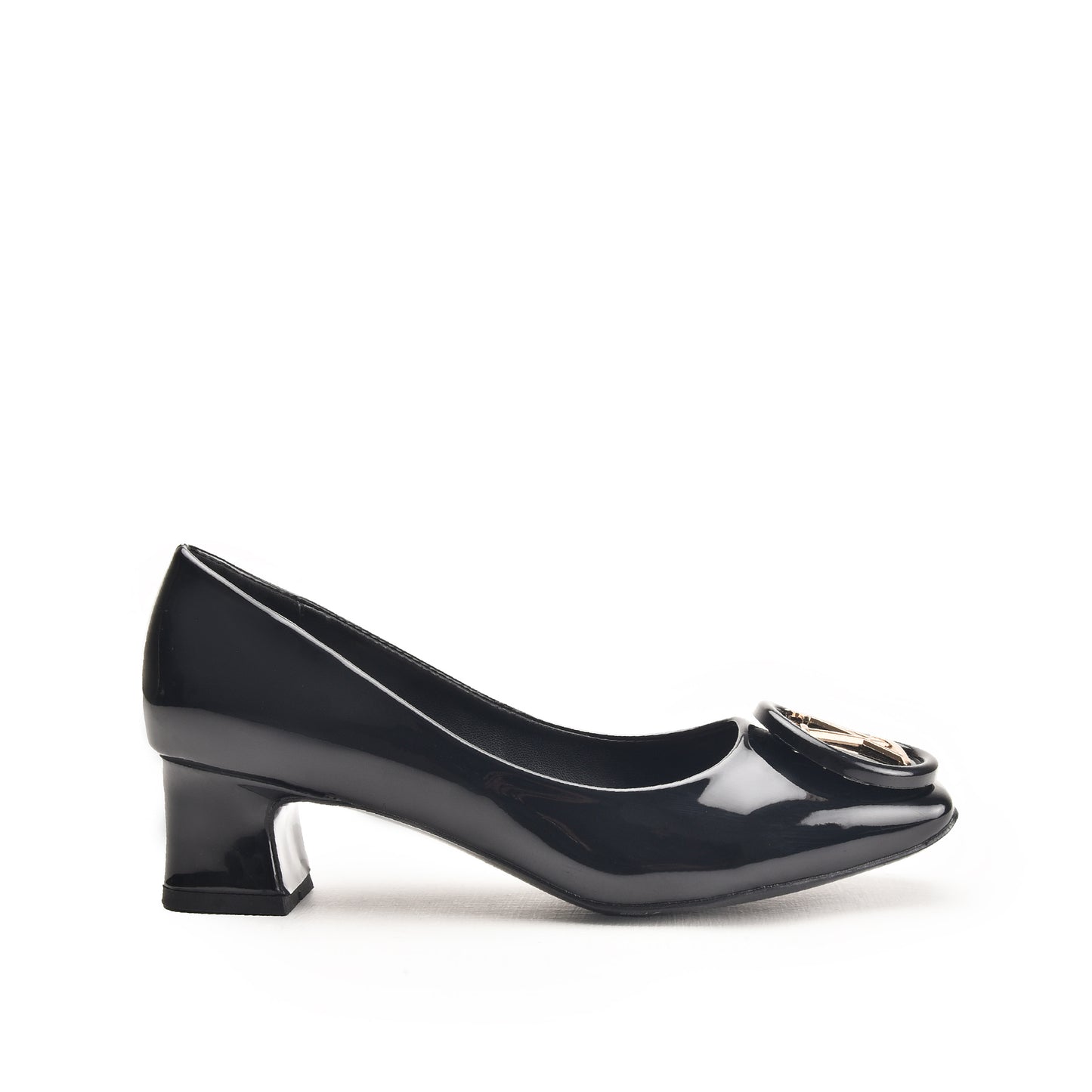 Black Block Heel Pumps with Gold Buckle | 491N-C