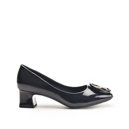 Black Block Heel Pumps with Gold Buckle | 491N-C