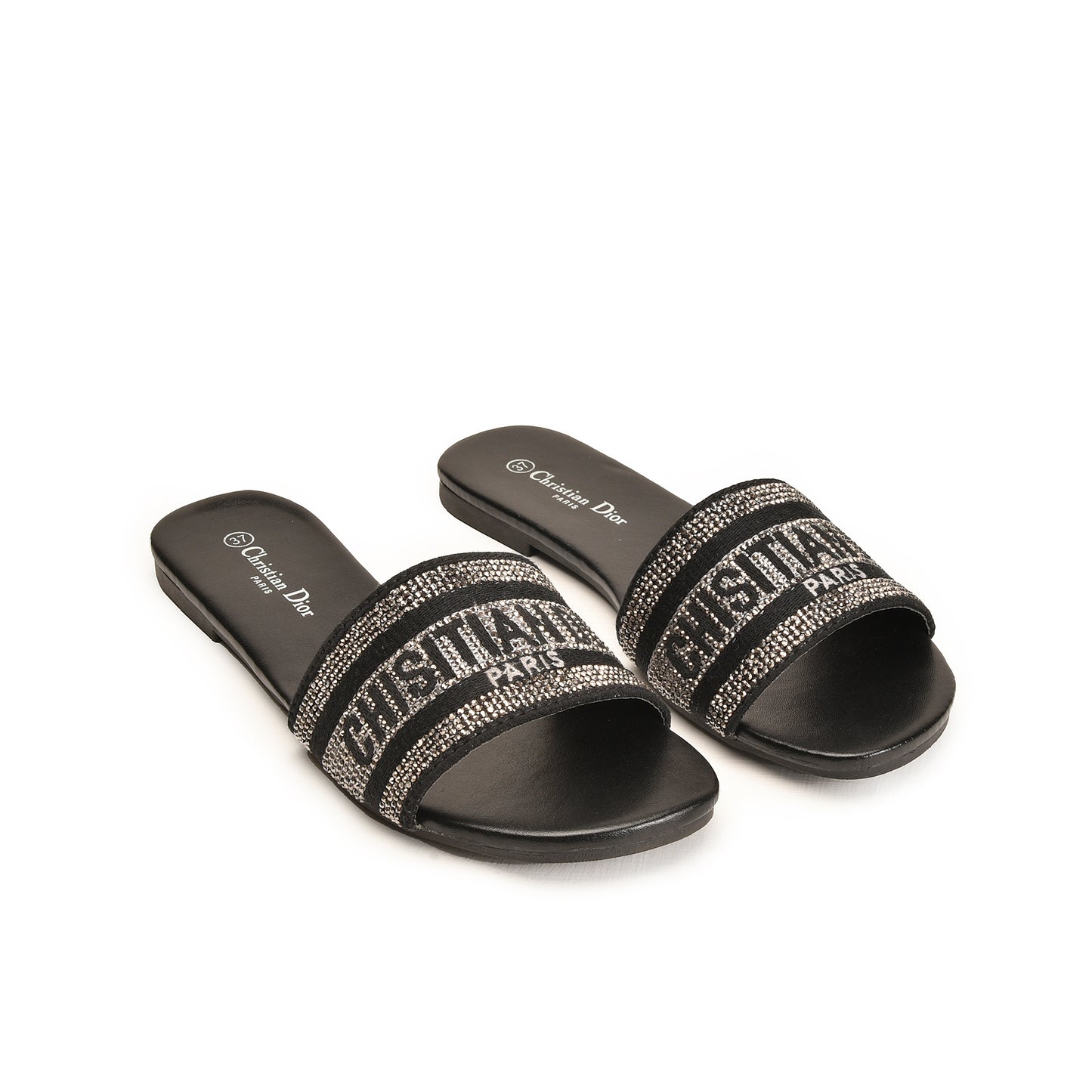 Black Embellished Slip-On Flats for Women Slippers | 566L-C