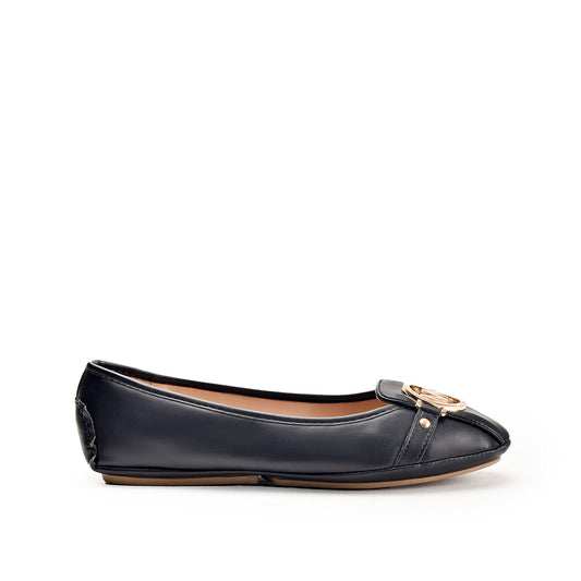 Black Ballet Flats with Gold Buckle Pumps  |493N-C
