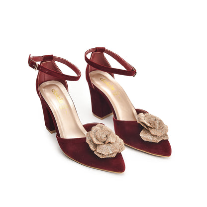 Maroon Block Heels with Golden Rose | 459N-M Dolcis
