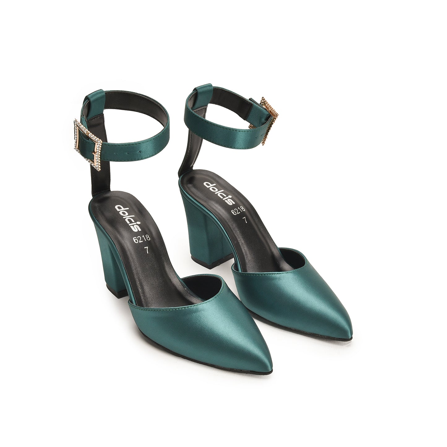 Emerald Satin Block Heels with Buckle Strap | 460N-K Dolcis
