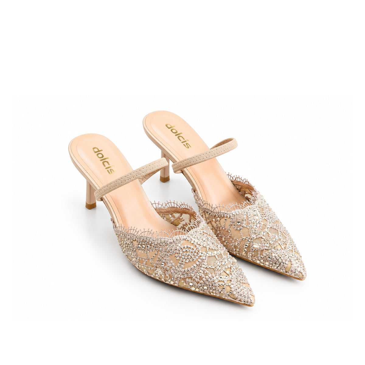 Beige Pearl Lace Court Heels | 445P-F