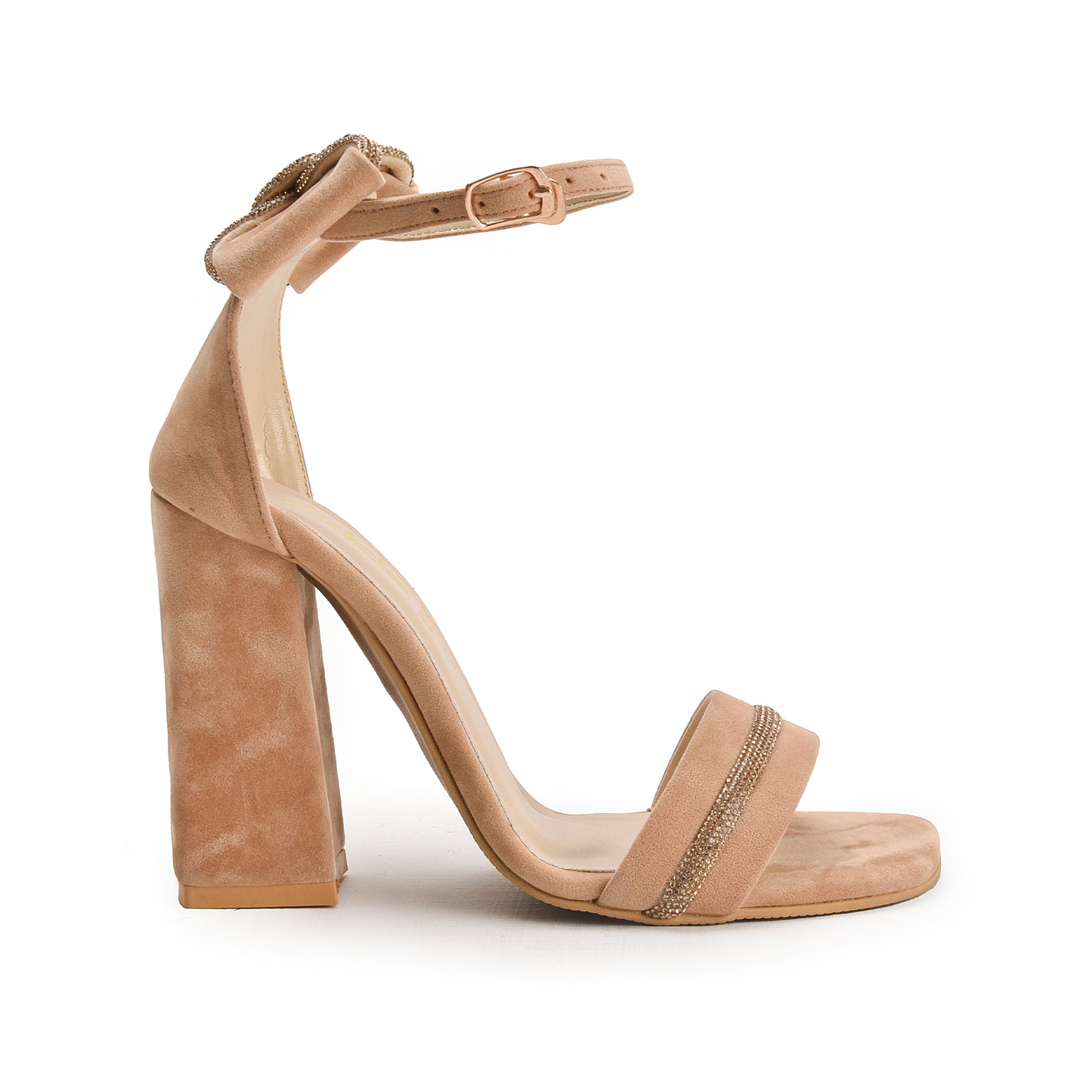 Beige Block Heels with Ankle Strap and Crystal Detail | 295G-F