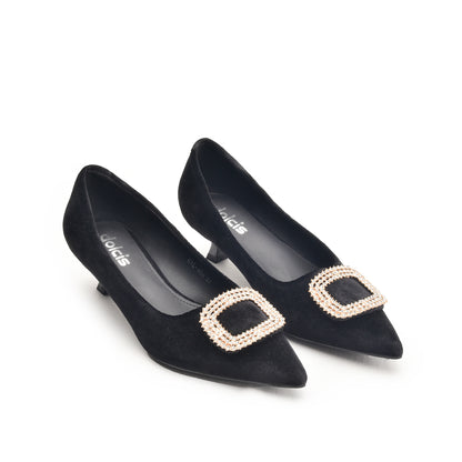 Black Kitten Heels with Embellished Buckle | 496N-C