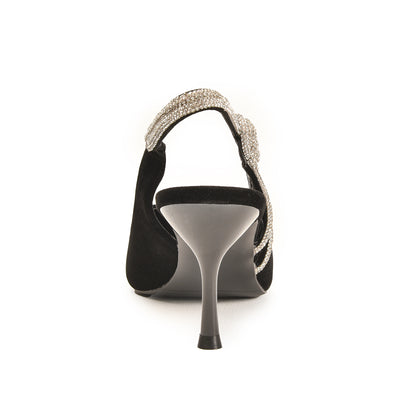 Black Glitter Court Heels with Bow Detail | 477N-C