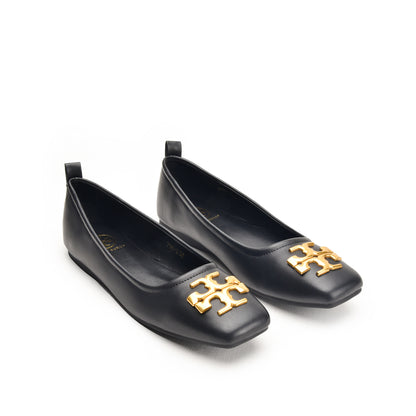 Tory Burch Black Flat Pumps with Gold Logo | 494N-C