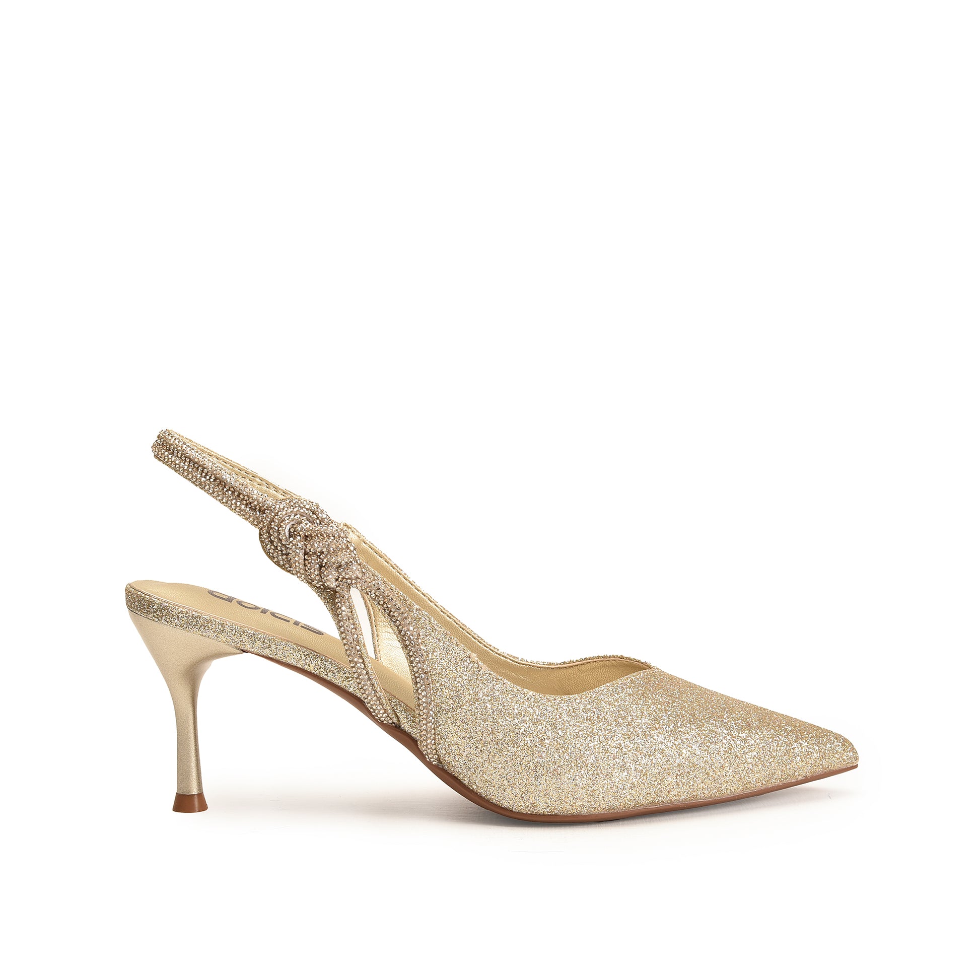 A gold-colored, glittery pump with a bow detail on the vamp and a pointed toe.