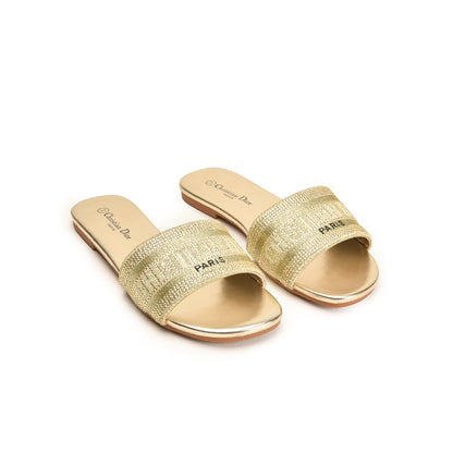 Golden Embellished Slip-On Flats for Women Slippers | 566L-X