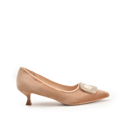 Beige Kitten Heels with Embellished Buckle | 496N-F