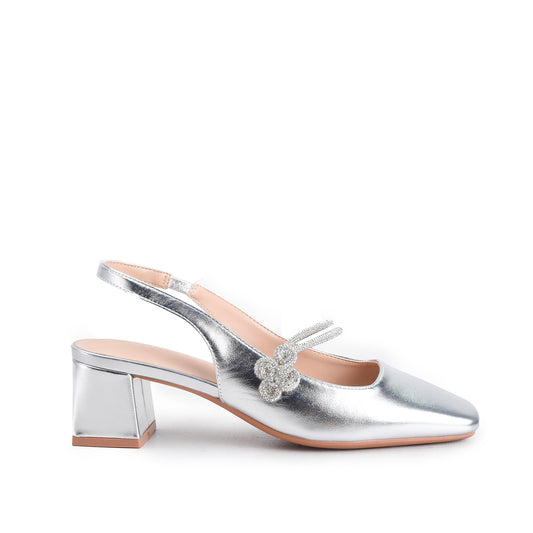 Silver Ankle Strap Block Heel Pumps | 422P-S