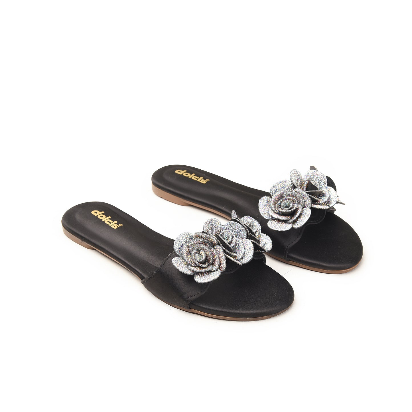 Black Flat Sandals with Glitter Flower Slippers | 518M-C