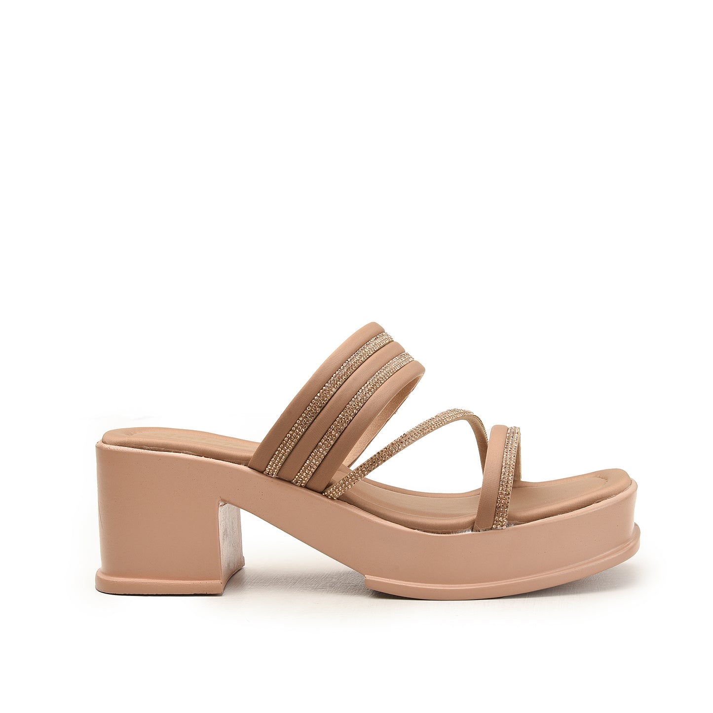 Beige Rhinestone Block Heels with Straps Flat | 534M-B