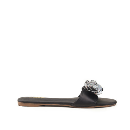 Black Flat Sandals with Glitter Flower Slippers | 518M-C