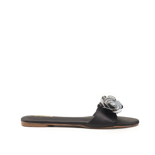 Black Flat Sandals with Glitter Flower Slippers | 518M-C
