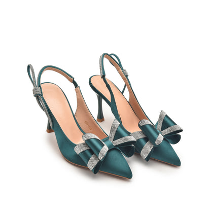 Teal Green High Heels with Bow and Crystal Straps | 486N-K