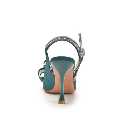 Teal Green High Heels with Bow and Crystal Straps | 486N-K