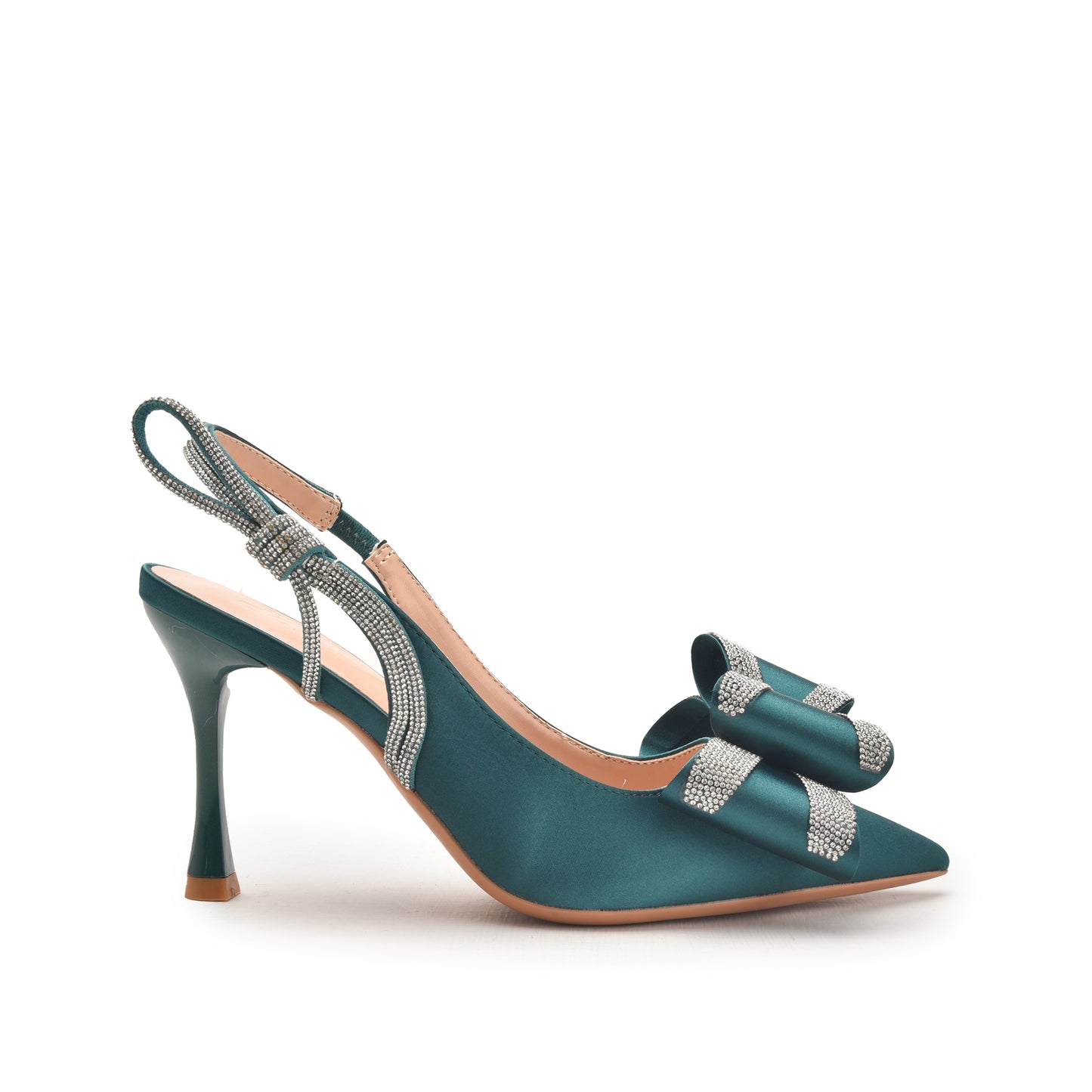 A green court shoe with a pearl embellishment on the vamp and a pearl-accented heel.