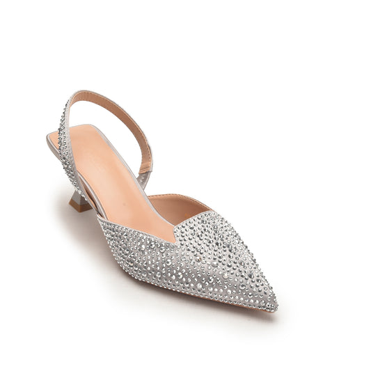 Silver Slingback Heels with Rhinestone Detailing | 483N-S