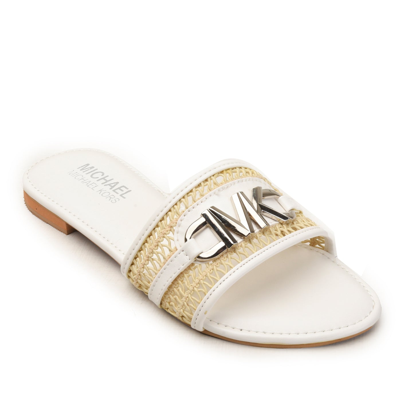 White & Beige Textured Slide Flats Slippers| 521M-W