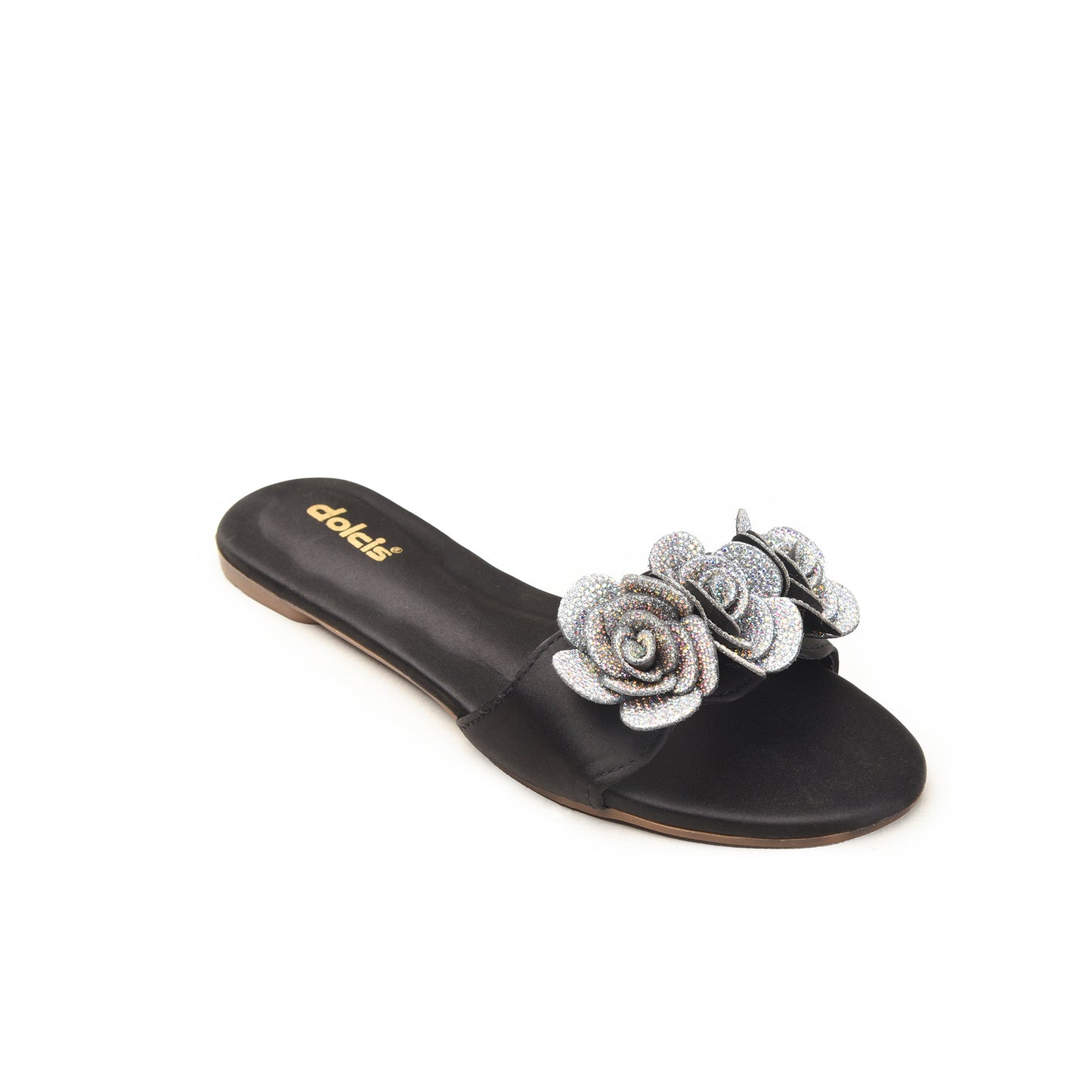 Black Flat Sandals with Glitter Flower Slippers | 518M-C