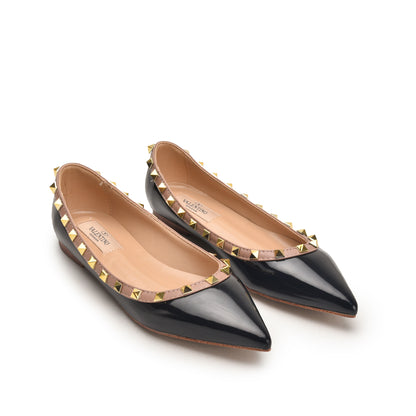 Black Pointed Toe Flats with Gold Studs Pumps  | 481N-C