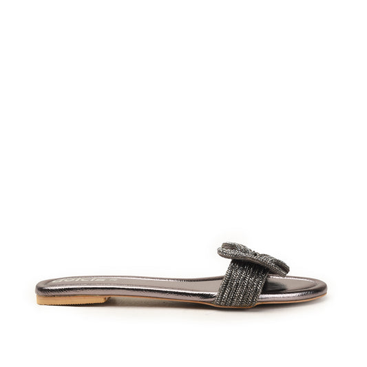 Gunmetal Flats with Textured Bow Strap Slippers | 562L-G