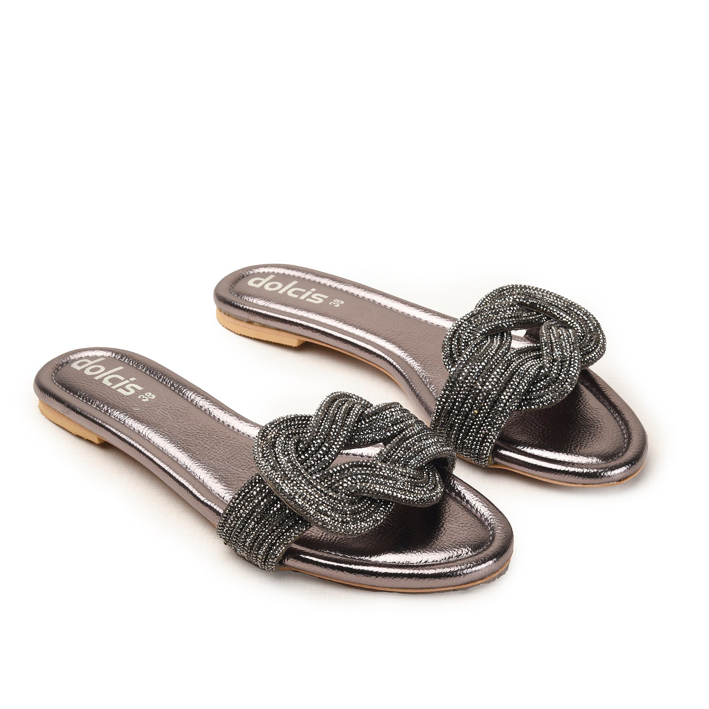 Gunmetal Flats with Textured Bow Strap Slippers | 562L-G