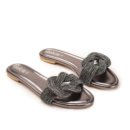 Gunmetal Flats with Textured Bow Strap Slippers | 562L-G