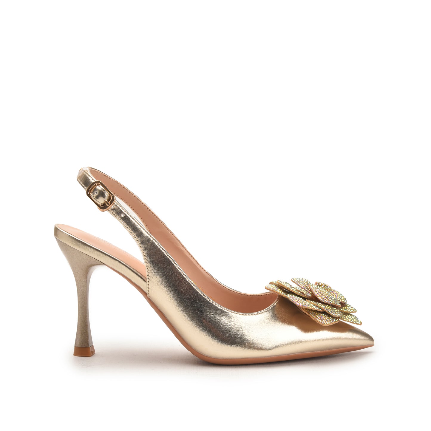 Golden Slingback Heels with Floral Embellishment | 484N-X