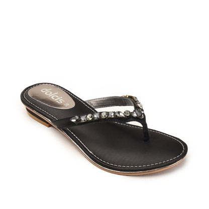 Black Embellished Flat Sandals for Women Slippers | 783R-C