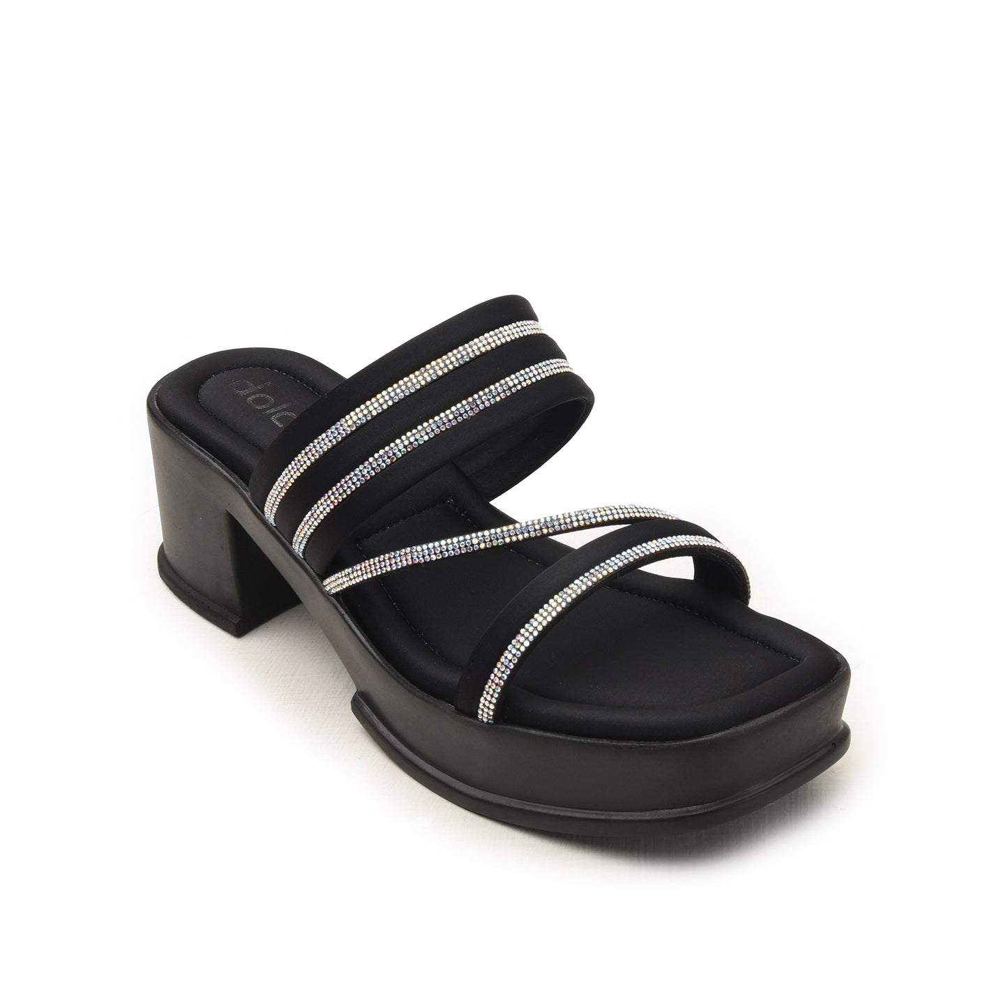 Chic Black Block Heels with Crystal Straps Flat | 534M-C