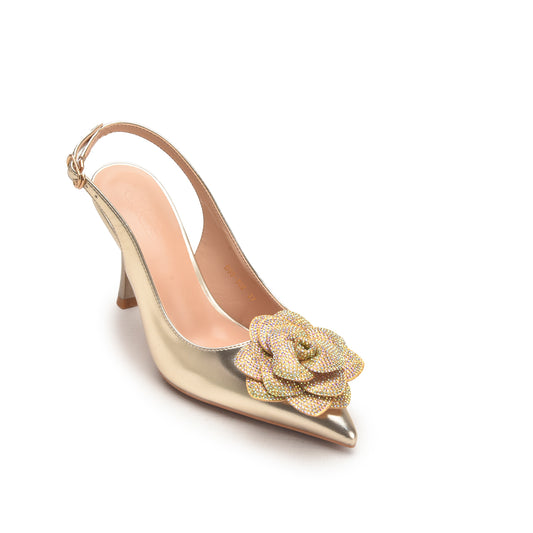 Golden Slingback Heels with Floral Embellishment | 484N-X